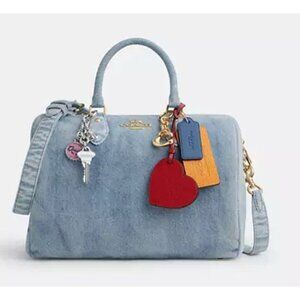 Coach Rowan Large Satchel Bag In Loved Denim With Charms